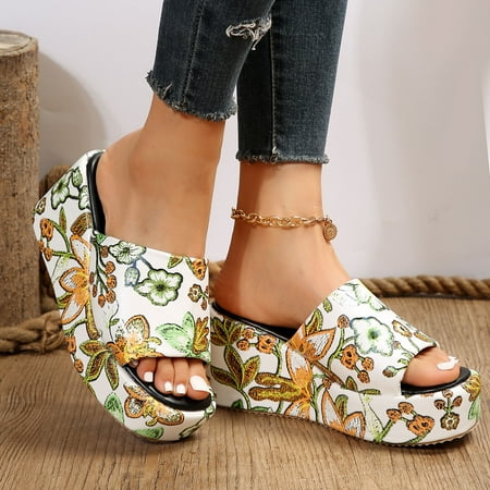 

UIX Ladies Fashion Summer Floral Print Leather Fish Mouth Sloping Heel Thick Sole Sandals
