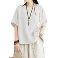 thumbnail image 6 of Women's Cotton Linen Blouse, Round Neck Embroidered Short Sleeve Top, Loose Fit Casual Tunic for Summer, Boho Chic Shirt and Everyday Wear-Beige, 6 of 7