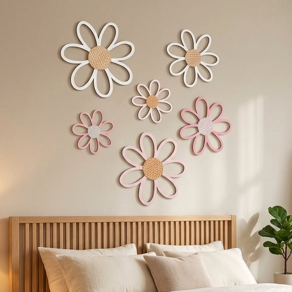 6 Pcs Daisy Wall Decor Wooden, 3 Size Floral Hanging Sign Plaque for Nursery Room, Bedroom, and Home Wall Art Decoration