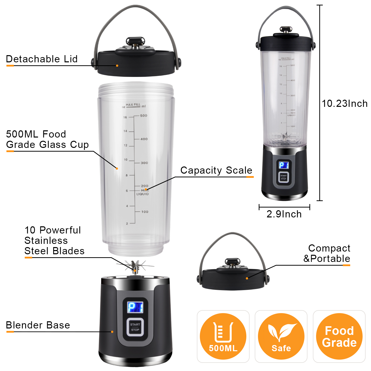 Portable Blender for Shakes and Smoothies,500mL HopePow Kitchen USB Rechargeable Shaker Juicer Blender 10 Sharp Stainless Steel Blades Cordless Personal Portable Small Blender for Smoothies,Kitchen