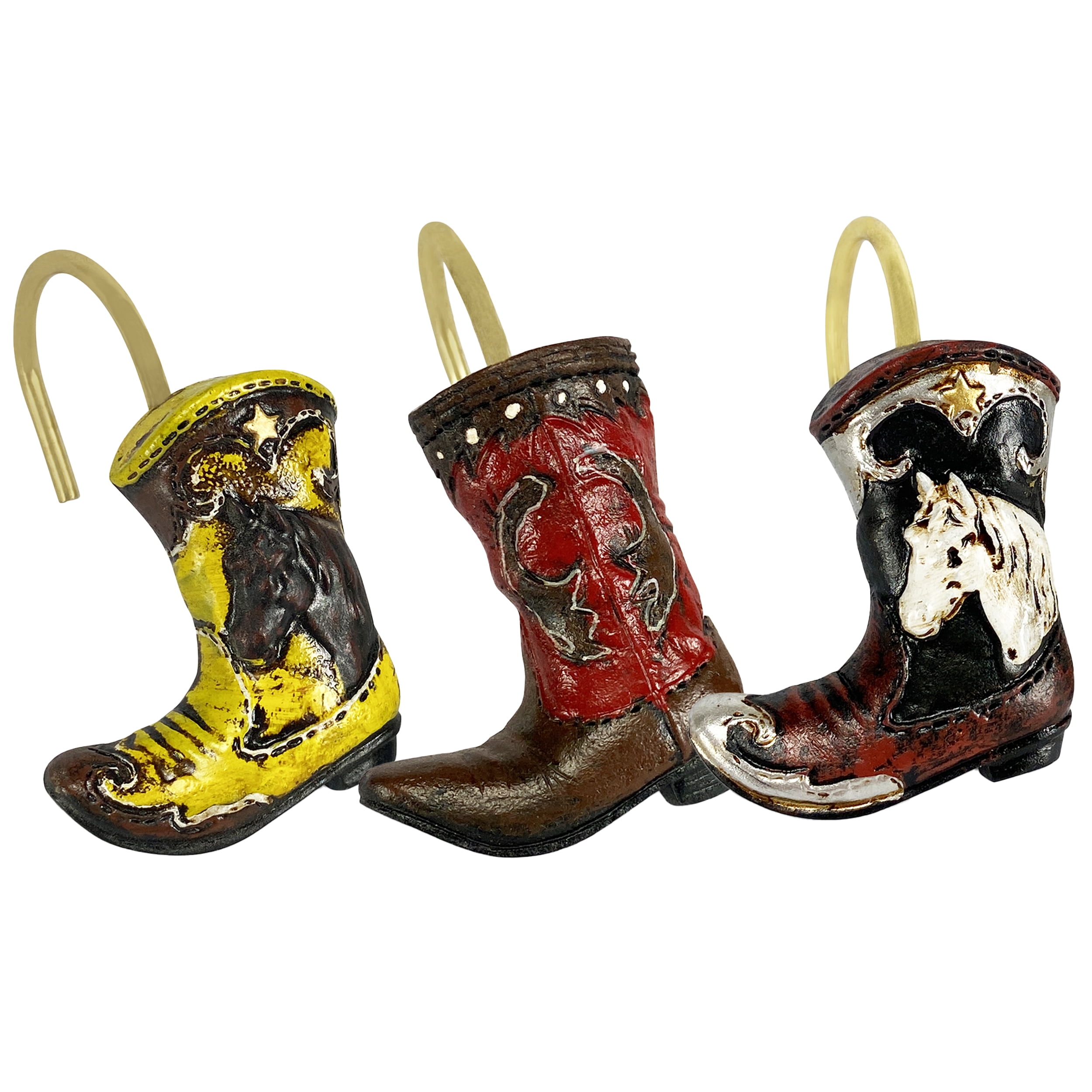 Rivers Edge Products 12-Pack Shower Curtain Hooks, Hand-Painted Country Decorations and Shower Curtain Rings, Western Bathroom Decor and Accessories, Cowboy Boot