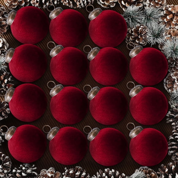 Juego de adornos navideños, toque de terciopelo, acabado flokado con lazos colgantes, adornos decorativos de esfera, decoraciones para árboles navideños, adornos festivos de 6 cm para decoración