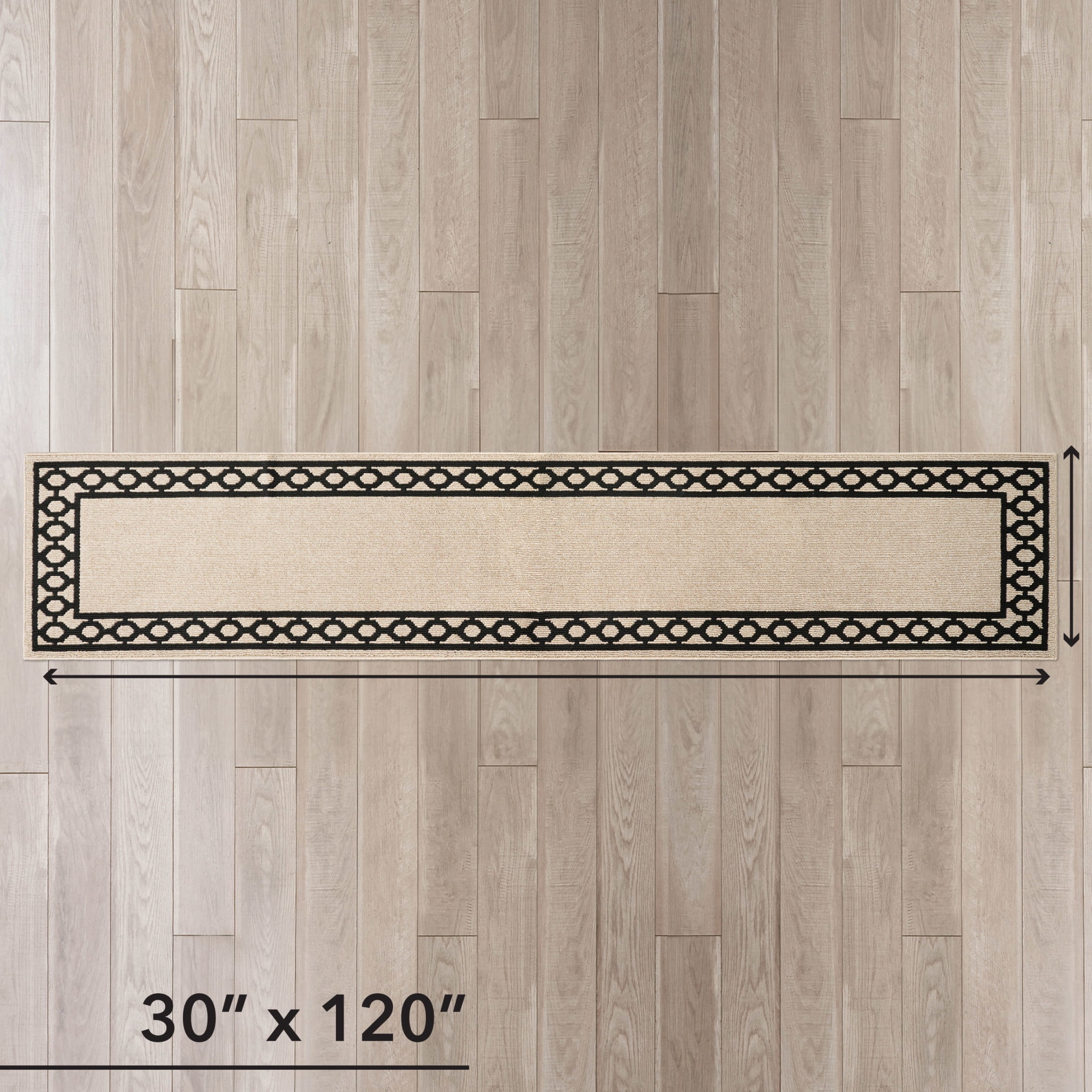 Washable Skid-Resistant Runner Rug, Trellis Border , Natural Twist and Black , 30 " x 120"