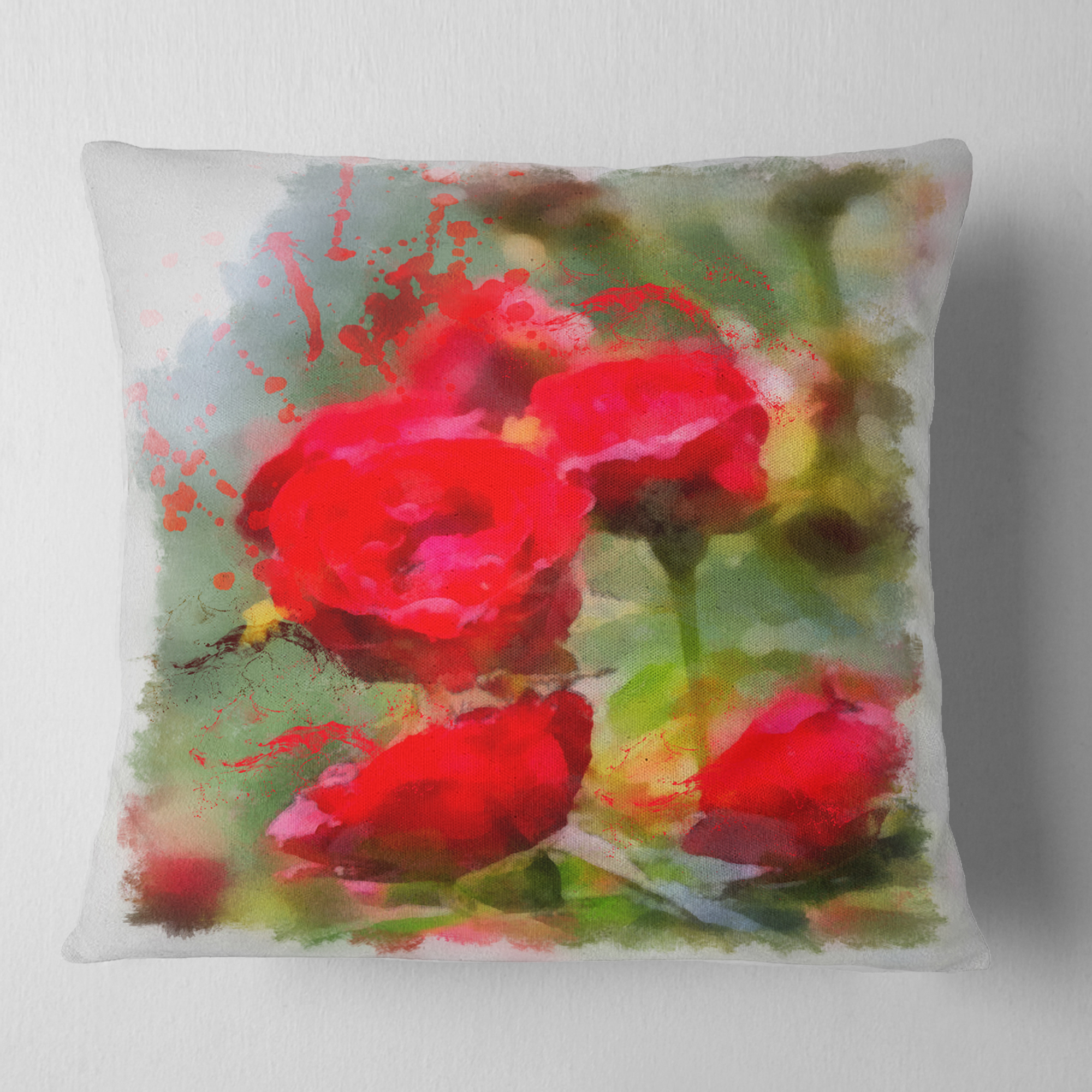 Designart Red Roses on Green Watercolor - Flower Throw Pillow - 16x16