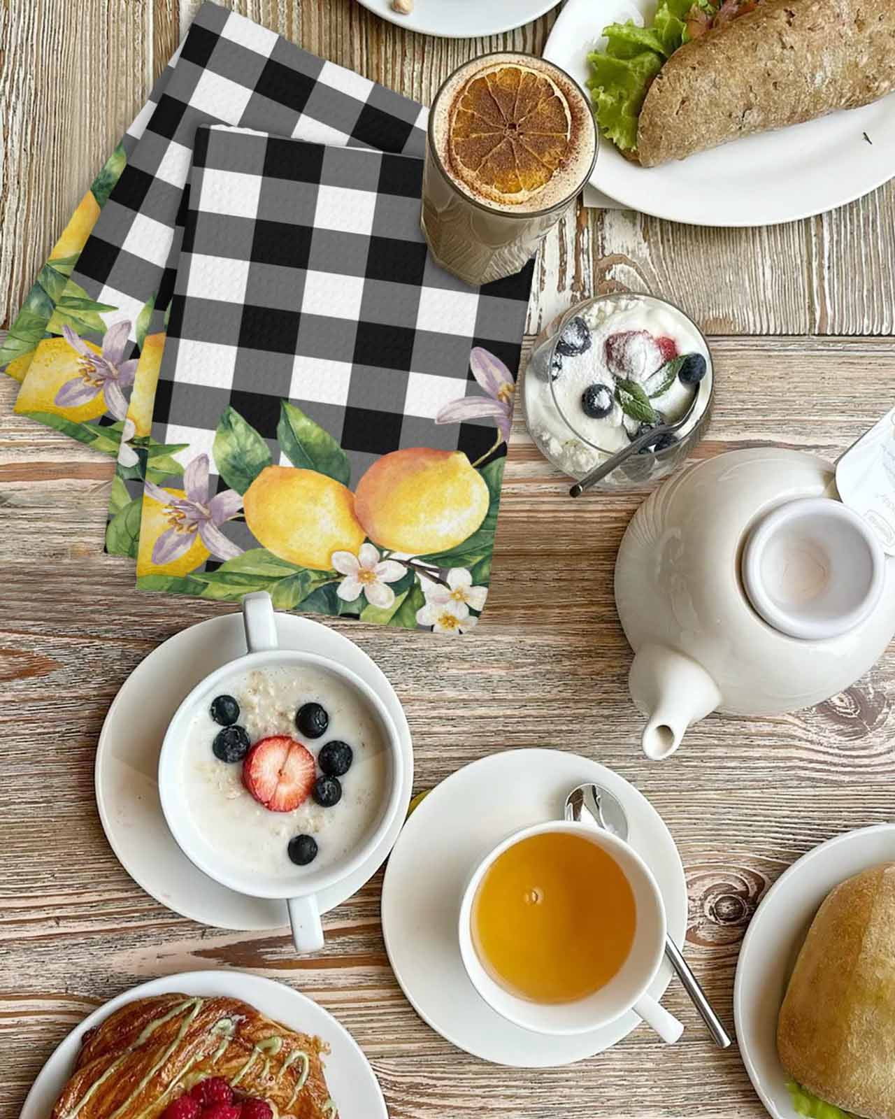 Lemon Hand Towels Set, Waffle Weave Kitchen Towels 2 Pieces, Black Plaid Check Yellow Fruit Flower Floral Microfiber Hair Face Bath Tea Towel Absorbent Quick Drying Cleaning Dish Cloths 15.7"x23.6"