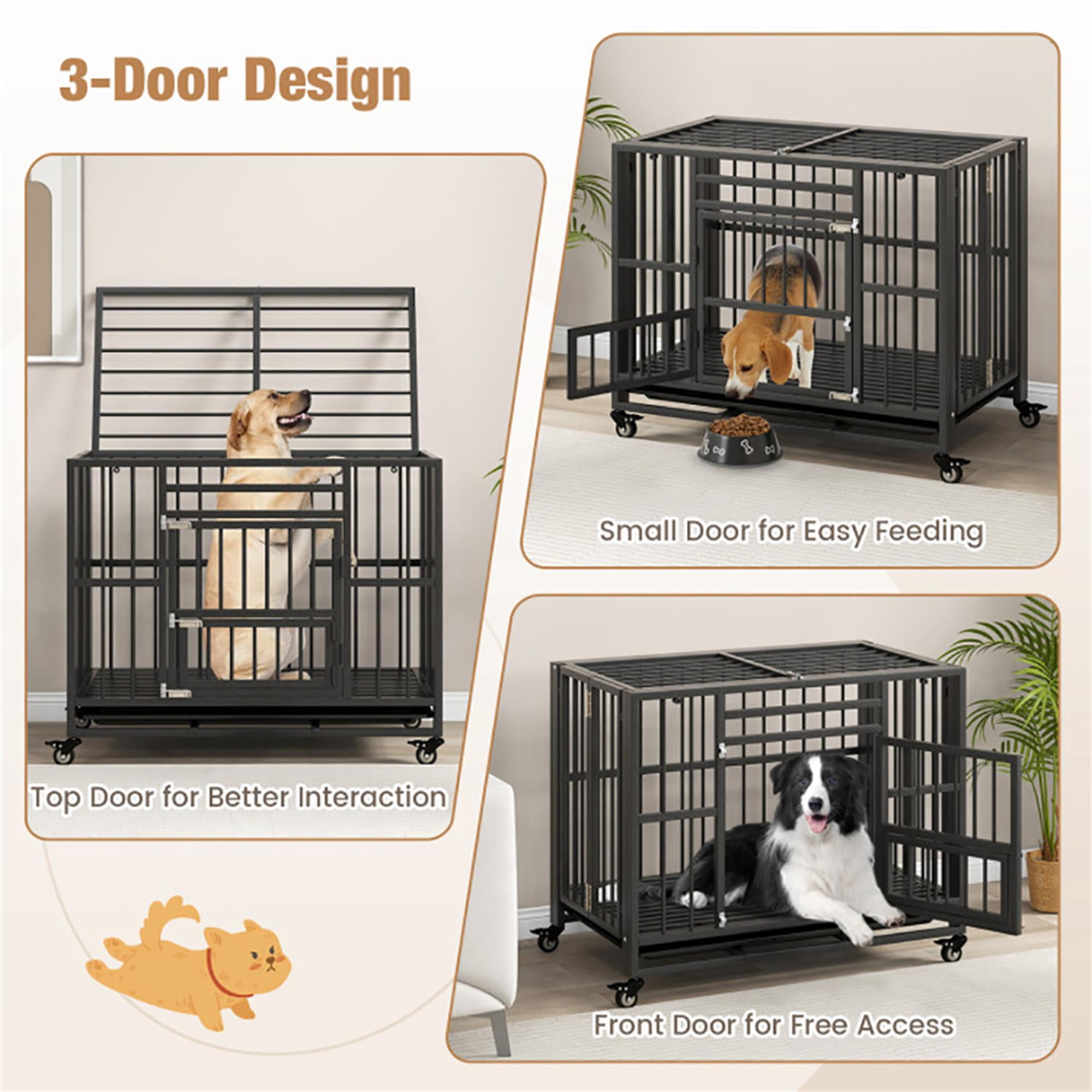 Kadyn 37" Heavy Duty Dog Cages with Tray, Metal Escape Proof Kennel with Lockable Wheels, Dog Crates for Medium Dogs, Indoor Rabbit Hutch, Black
