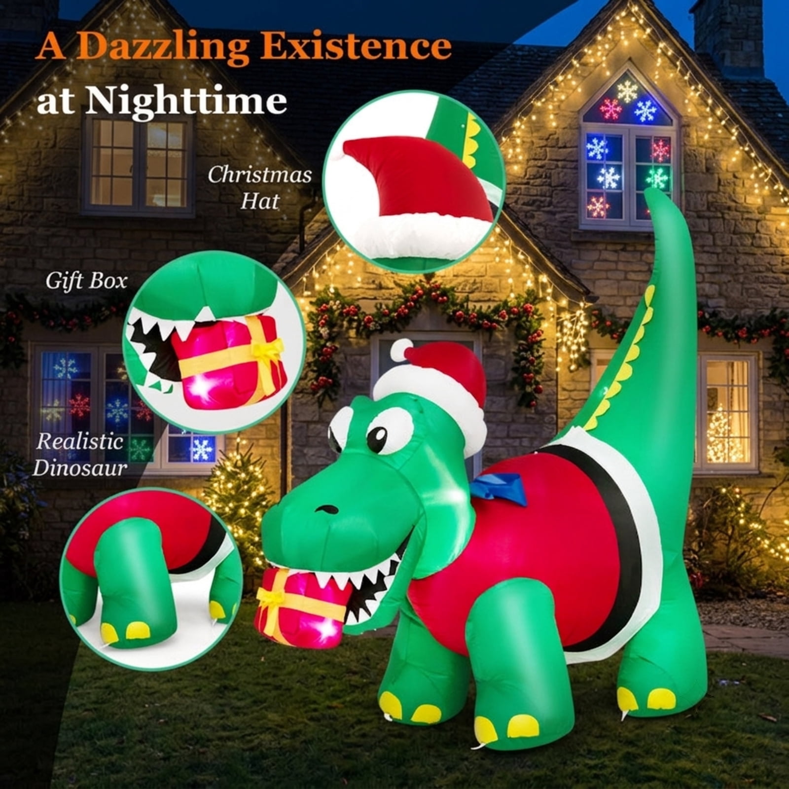 RUIE 6 FT Christmas Inflatable Dinosaur, Blow Up Dino with Santa Hat Gift Box and LED Lights, Lighted Outdoor Yard Decor for Lawn Party - Green