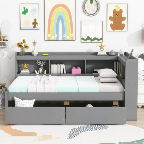 Noble House Twin L-Shaped Bookcase Bed, Pine Wood Frame with Power Outlets, Storage Drawers & Headboard Shelves, Grey