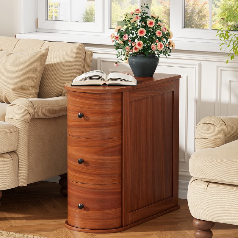 Walsunny Solid End Table with 3 Drawers, Narrow Sofa Side Table with Storage, Vintage Slim Bedside Table Curved Wood Side Table for Living Room, Entryway, Bedroom, Cherry Finish