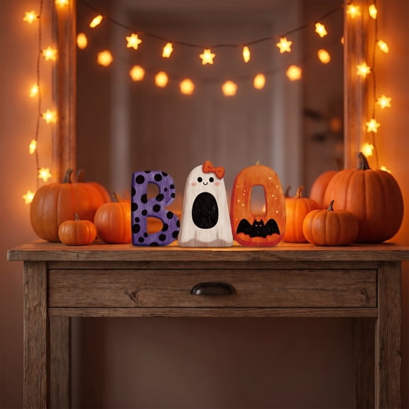 Ghost Decor Wooden Letters BOO Set, Halloween Ghost Decorations Inside with Pumpkin Bat, Tabletop Sign for Shelf and Party Centerpiece,Fall Decor for Home