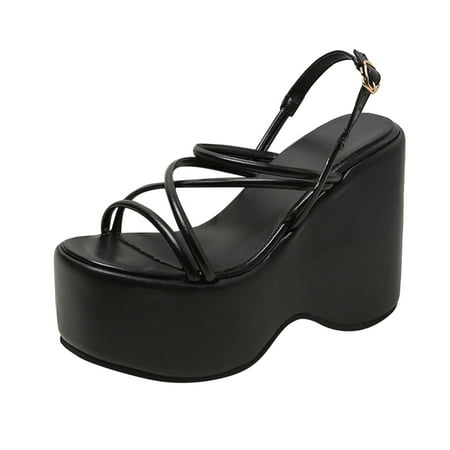 

Cathalem Ladies Fashion Summer Solid Color Leather Strap Open Toe Buckle Wedge Heel Thick Sole Sandals Black 39