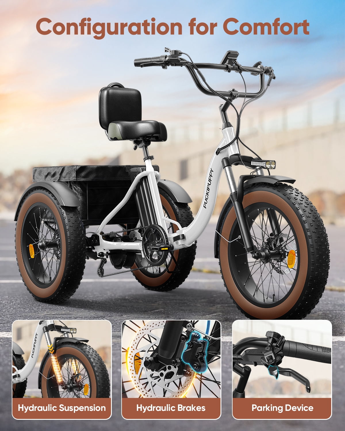 PUCKIPUPPY Electric Tricycle for Adults 960W Rear Motor 55Miles Range 20mph Max Speed 20" Fat Tire Electric Trike 3 Wheel Electric Bike 48V 15AH Battery E-Mountain Bike, Comply with UL2849 By SGS