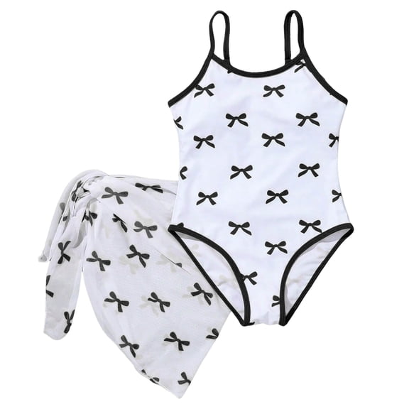 NIEWTR Girls Swimsuit Set Comfortable Soft Breathable And Stylish With Bow Print Swimwear Beach Bathing Suit for Summer Vacation 7-8 Years White