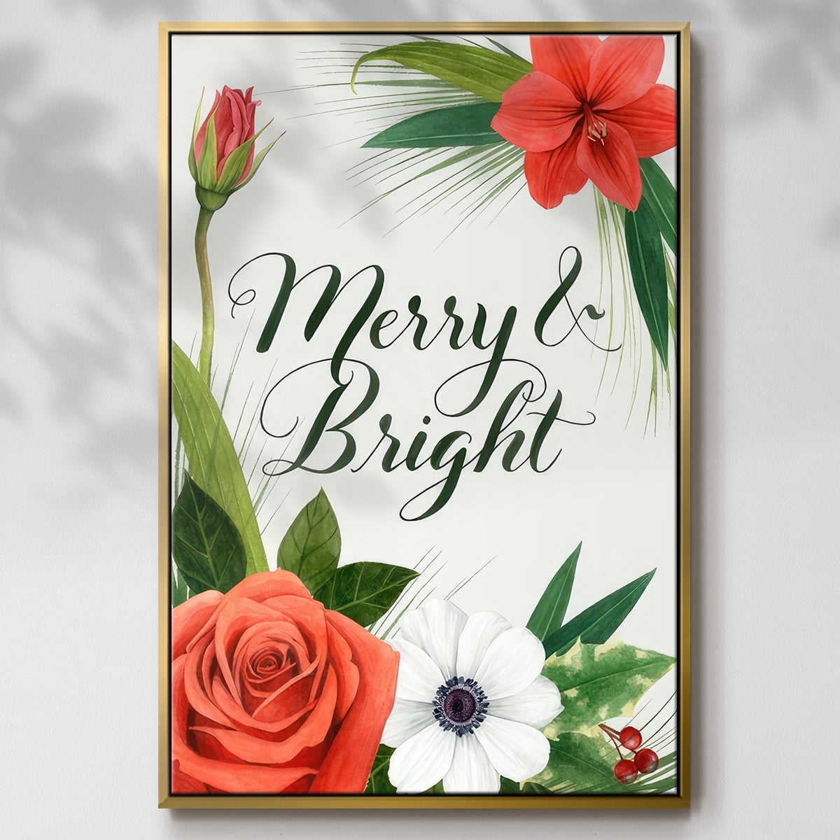 Christmas Flora Wreath Collection B - Framed Gallery Wrapped Holiday Canvas - 25 x 37 - Gold Frame