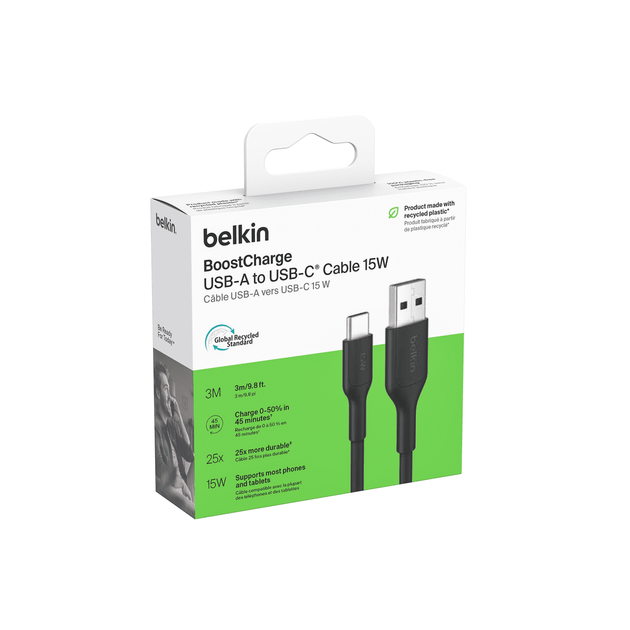 Cable BoostCharge Eco USBA vers Lightning 1 m/3,3 pi Cable souple et flexible pour charge rapide, cable chargeur Lightning pour iPhone 14 et series anterieures iPad 9e gen et AirPods NR