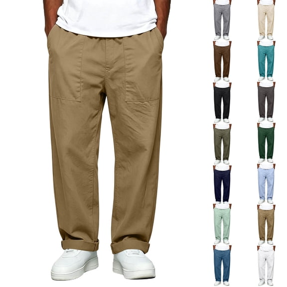 Thousandth Plus Size Pants for Men Casual Cotton Wide Leg Trousers Trendy Elastic Waist Lightweight Breathable Pants for Everyday