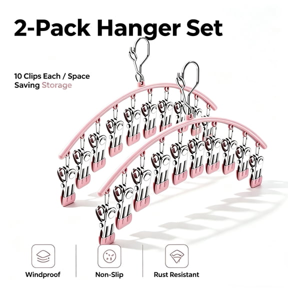 USIONE 2 Pack Legging Storage Hanger with 10 Clips Each, Metal Anti-Slip Closet Pants Organizer Hanger, Space Saving Clothing Hook for Yoga Pants Socks Underwear, Pink