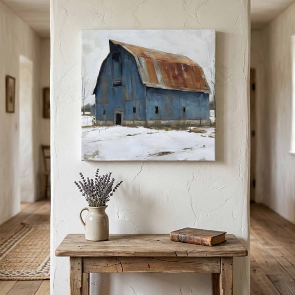 Blue Barn Canvas Wall Art for Living Room Bedroom Bathroom, Vintage Winter Snowscape Rustic Farm Canvas Art Wall Decor, Artwork for Walls Home Office Decor, 8"x8"