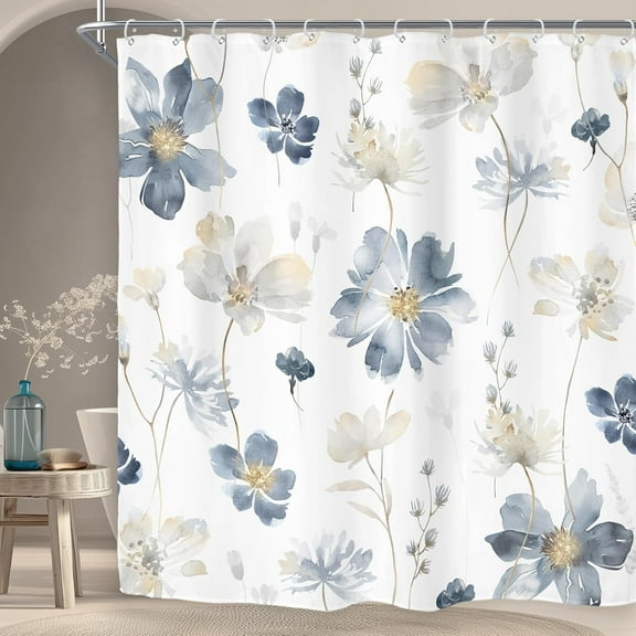 Blue Floral Flower Shower Curtain,Cute Boho Girls Botanical Spring Bathroom Curtains,Natural Plants Wildflower Watercolor Grey Bath Decor Set,72Wx72H Art Printed Fabric Polyester Waterproof