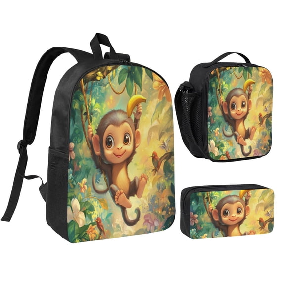 Golden Monkey Backpack 17 Inch Set with Lunch Bag and CaseDurableTravel Bag Combo for Work Commuting Daily Use