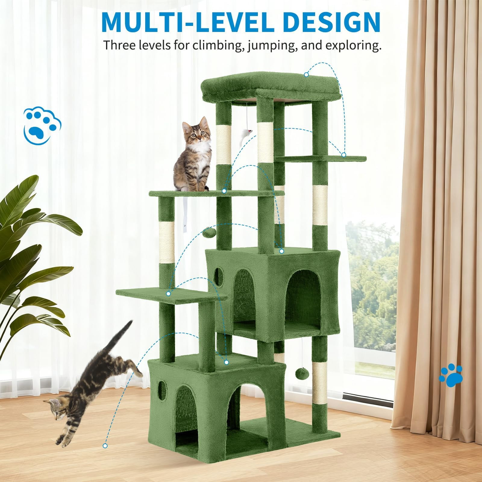 61" Multi-Level Cat Tree for Indoor Cats, Heavy-Duty Tower for Large Adult & Maine Coon Cats with Extra-Large Perch, 2 Spacious Condos, Natural Sisal Scratch Posts & Play Toys（Green)