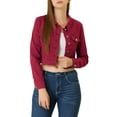 thumbnail image 6 of MODA NOVA Juniors Classic Long Sleeves Single Breasted Cropped Denim Jacket Burgundy S, 6 of 7
