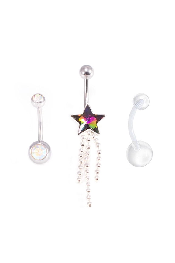 Belly Button Ring Package of 3 Navel Ring. Two with CZ Gems and a Retainer. 14G