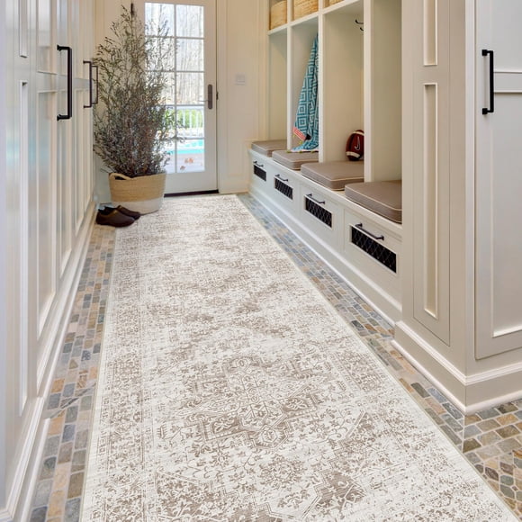 EISUROM Hallway 3x10 Runner Rug - Vintage Non-Slip Long Rug for Entryway Low-Pile Washable Medallion Runner Rugs for Hallway Wate