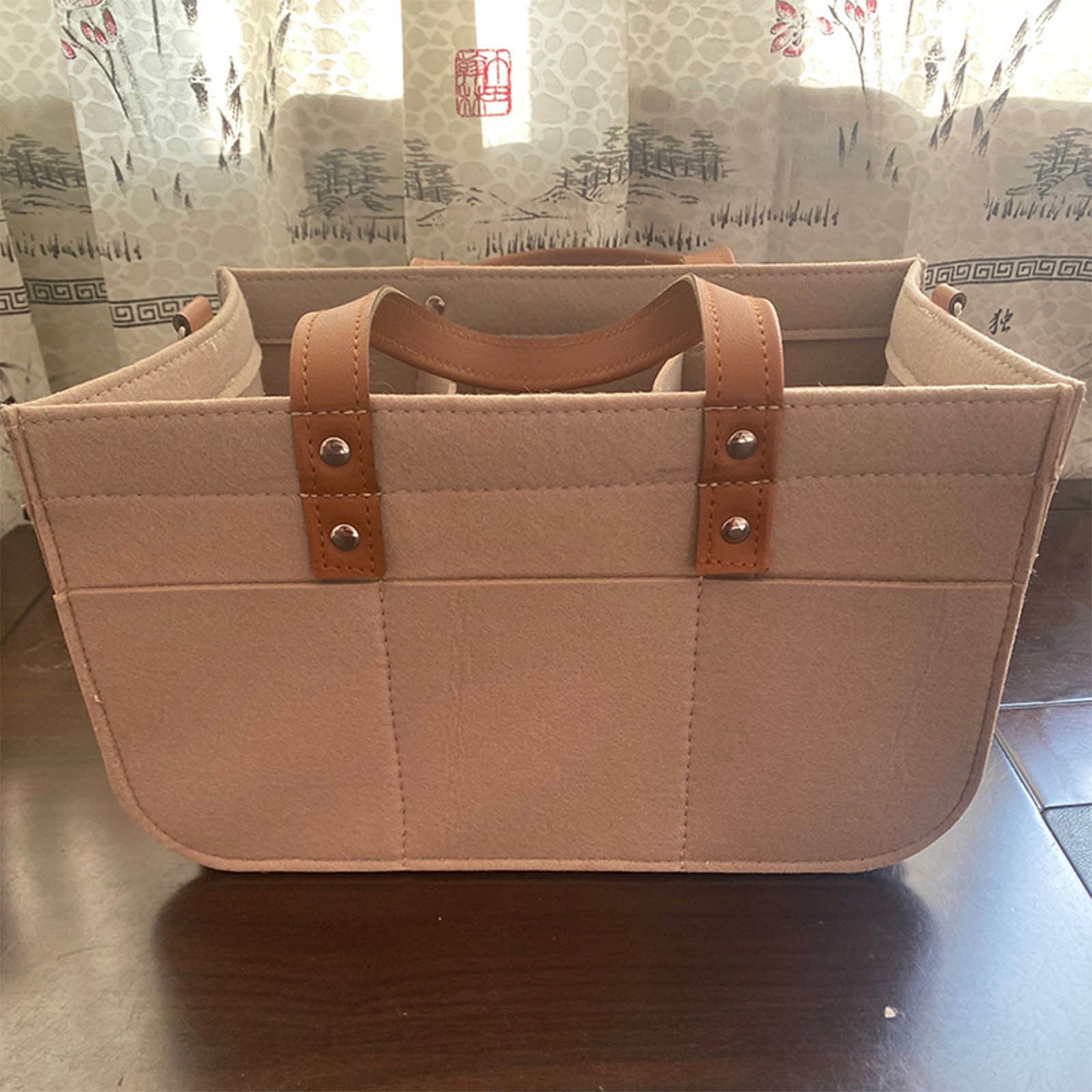 1 Packs Foldable Storage Organizer Bag with Removable Compartments Portable Lightweight for Nursery Travel Car Multifunctional Diaper Caddy Tote with Water Resistant Fabric and Leather Handles