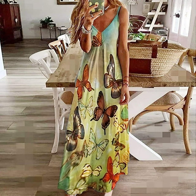 SMihono Robe Maxi Bohème d'Été pour Femmes Grande Taille Mode d'Été pour Femmes Imprimée à Col en V Sans Manches à Bretelles Robe Chandail Robe de Plage Évasée