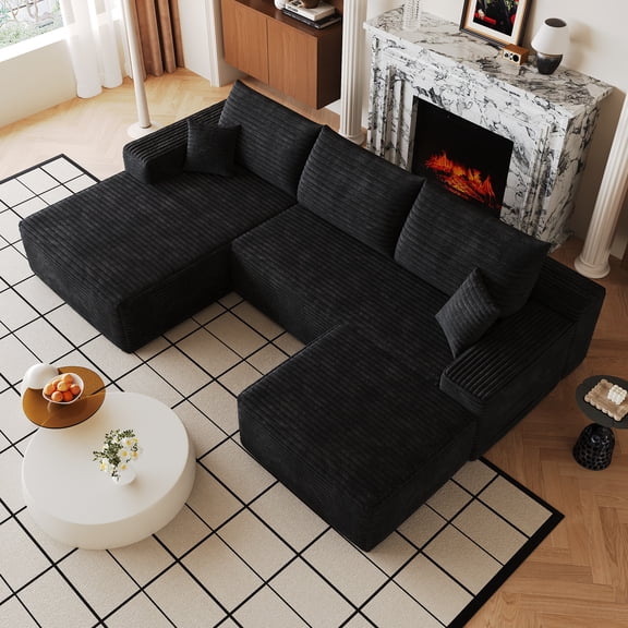 Cloud Sectional Sofa 107 Inch, U-Shaped Modular Couch with Ottoman and Corduroy Fabric, Deep Seat Corner Sofa for Living Room, No Assembly Required, Black