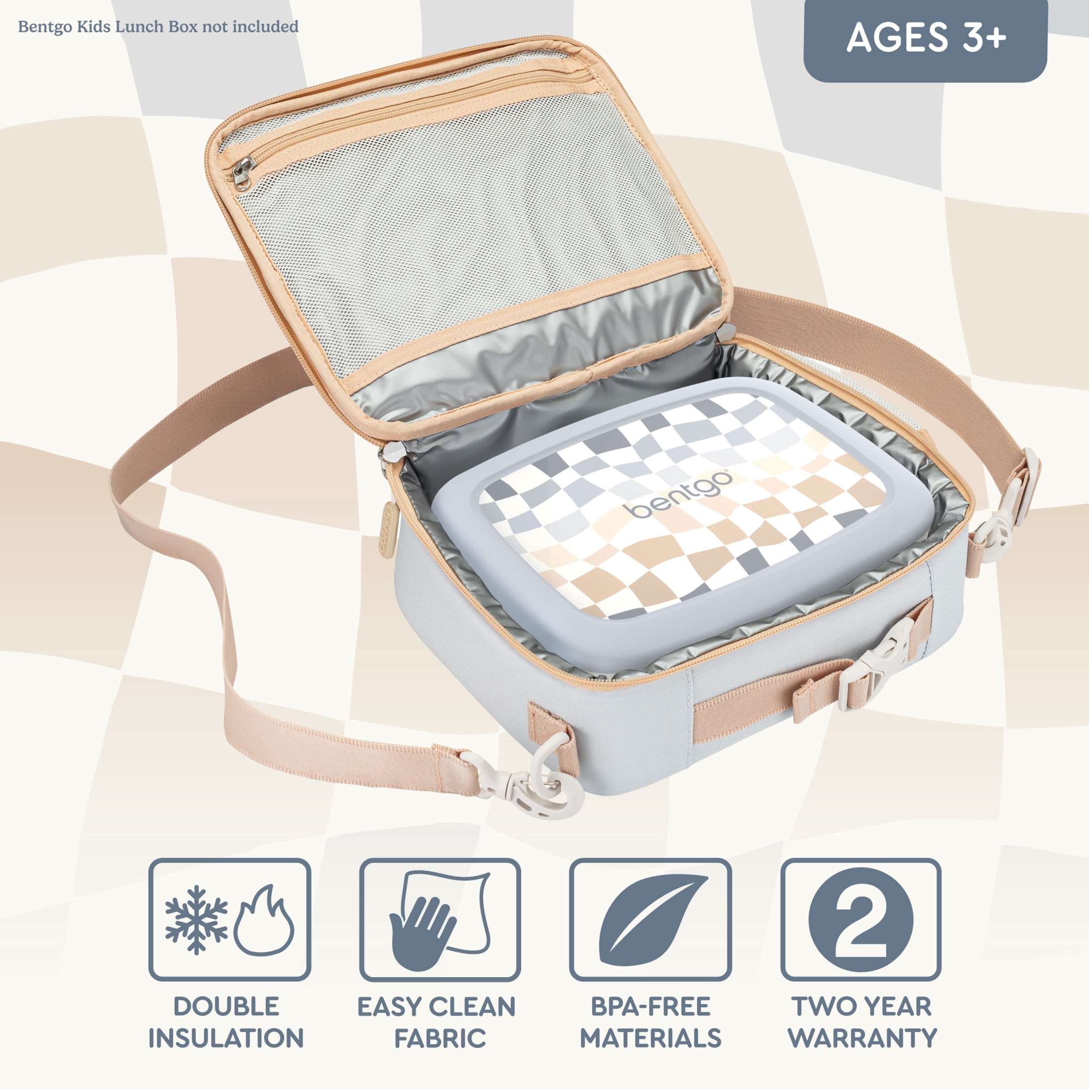 Bentgo Kids Lunch Bag (Whimsy & Wonder Collection) - Durable, Double-Insulated Lunch Bag for Kids 3+; Holds Lunch Box/Water Bottle/Snacks; Water-Resistant Fabric & Zip Pockets (Checker Gradient)