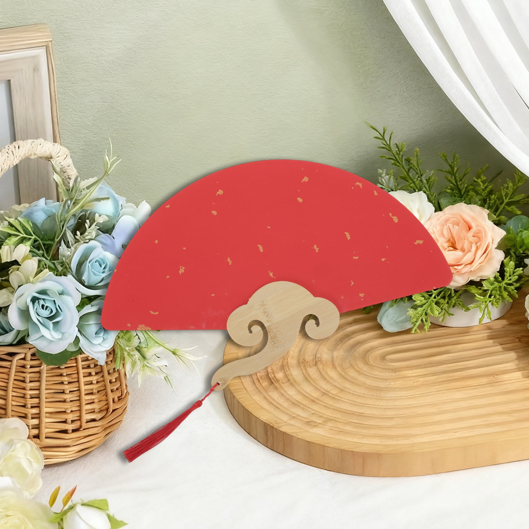 Unique Bargains Folding Fan Red Short Handle Round-Shaped
