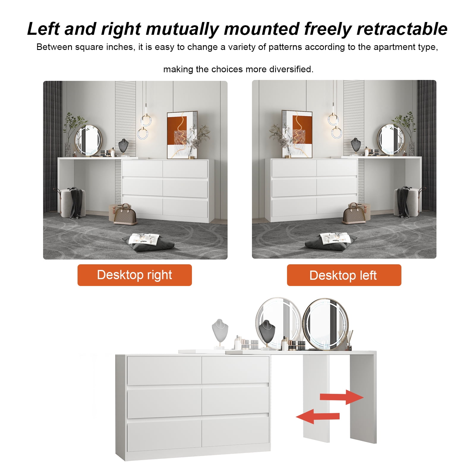 KULAGAGA 6 Drawer Dresser with Rotatable Tabletop, Modern Chest of Drawers with Extendable Desk (No More Than 98" W), Drawer Organizer for Bedroom Home Office, White Dresser