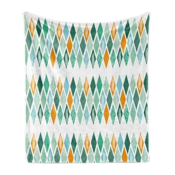 Geometric Soft Flannel Fleece Throw Blanket, Modern Repeating Pattern of Abstract Ornamental Rhombuses Feathers, Cozy Plush for Indoor and Outdoor Use, 50" x 60", Sea Green Orange White, by Ambesonne