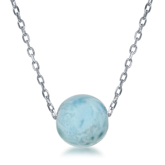 Sterling Silver 16" 2" Natural Larimar 8mm Bead Necklace