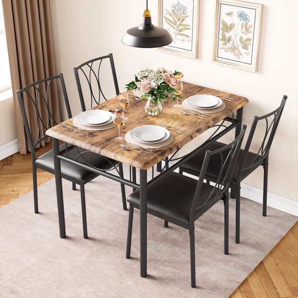 5-Piece Retro Brown Dining Table Set for 4, Compact Kitchen Dinette with 4 Upholstered Chairs, Space-Saving Furniture for Small Spaces, Apartment and Dining Room