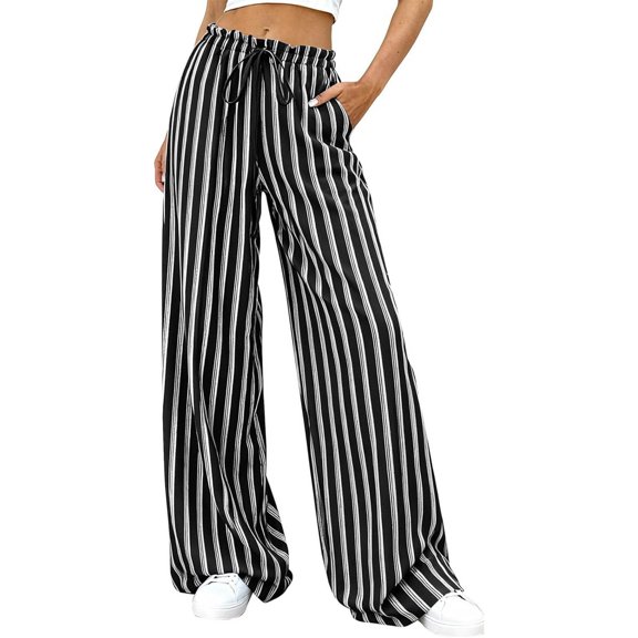 Abomasnow Women's Striped Pants Elastic High Waist Drawstring Wide Leg Pants Work Casual Beach Vacayion Y2K Baggy Trousers with Pockets