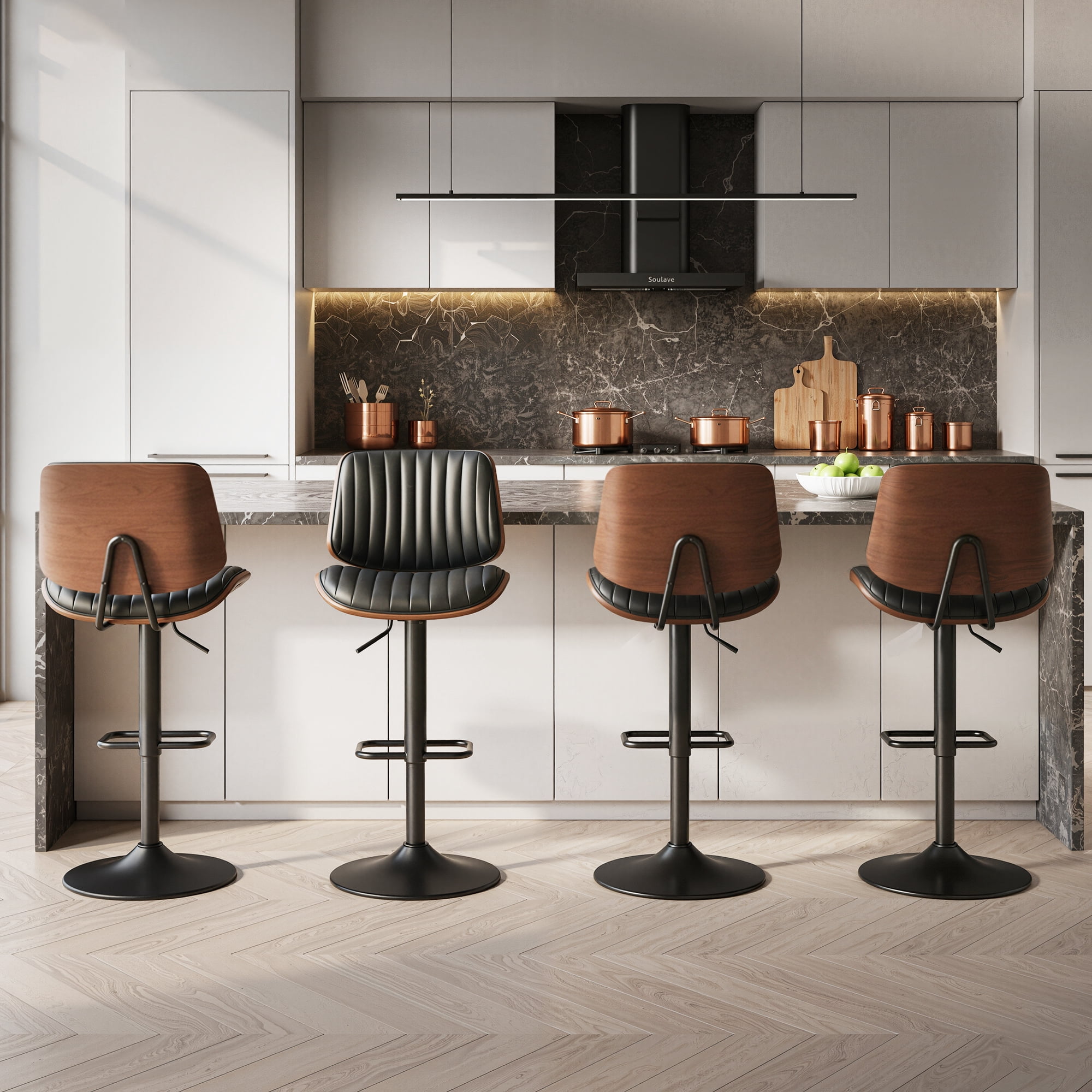 EOP Modern Upholstered Barstools Set of 2, Adjustable Height Counter Stools with Bentwood, Faux Leather Swivel Bar Stools with Metal Frame, Black