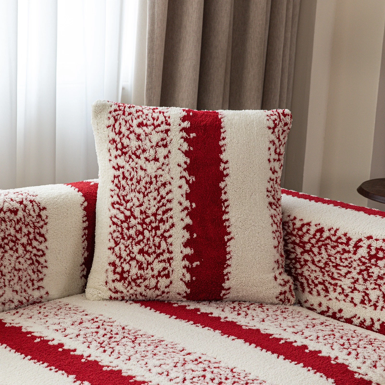 TOPCHANCES Stretch Stripe Sofa Covers, Soft Cotton Blend Velvet Fabric Armchair Loveseat Sofa Slipcover, Non-slip Couch Protector Settee Cover, Friendly to Pets (3-Seater Sofa Cover, Stripe Red)