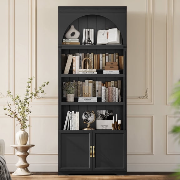 81.2" Tall Arched Bookcase, Modern Bookshelf with Open Adjustable Shelves & Storage Cabinets, 6-Tier Wooden Storage Cabinet for Living Room,Kitchen,Home Office,Black