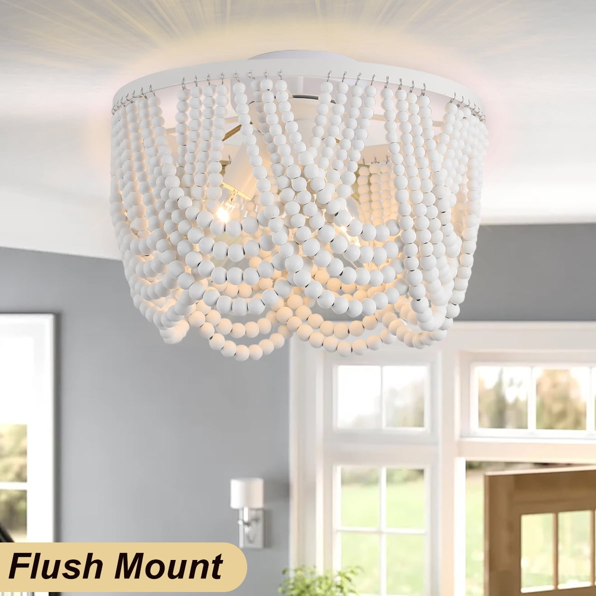 Imeshbean 3-Light Boho Wooden Draped Bead Chandelier