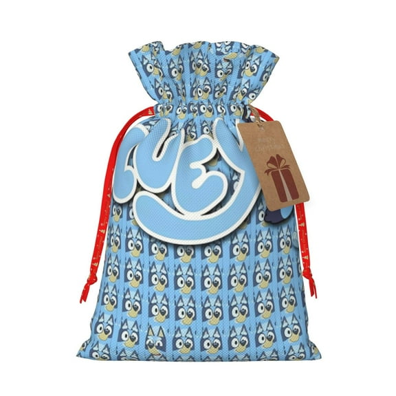 Masiiu Bluey Print Christmas Gift Bag, Burlap Drawstring Pouch with Kraft Paper Card for Holiday, Party, and Birthday Wrapping-Small