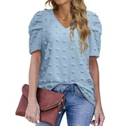 ZXZY Women Swiss Dot V Neck Ruched Puffy Short Sleeve Blouse Top