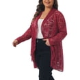 thumbnail image 4 of Agnes Orinda Plus Size Lace Cardigan for Women Ruffle Cardigans Open Front Long Sleeve Sheer Lace Crochet Cover Up 1X Burgundy, 4 of 5