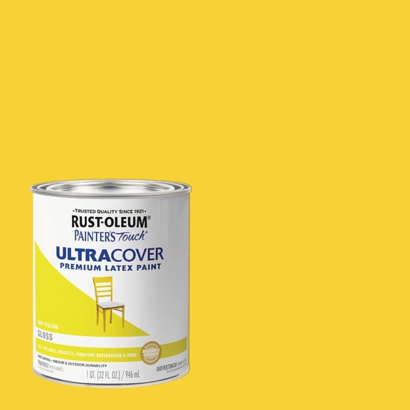 Rust-Oleum Painters Touch Latex Paint - Durable, Semi-Gloss - 1-Quart, Sun Yellow — Interior & Exterior Use, Professional Finish