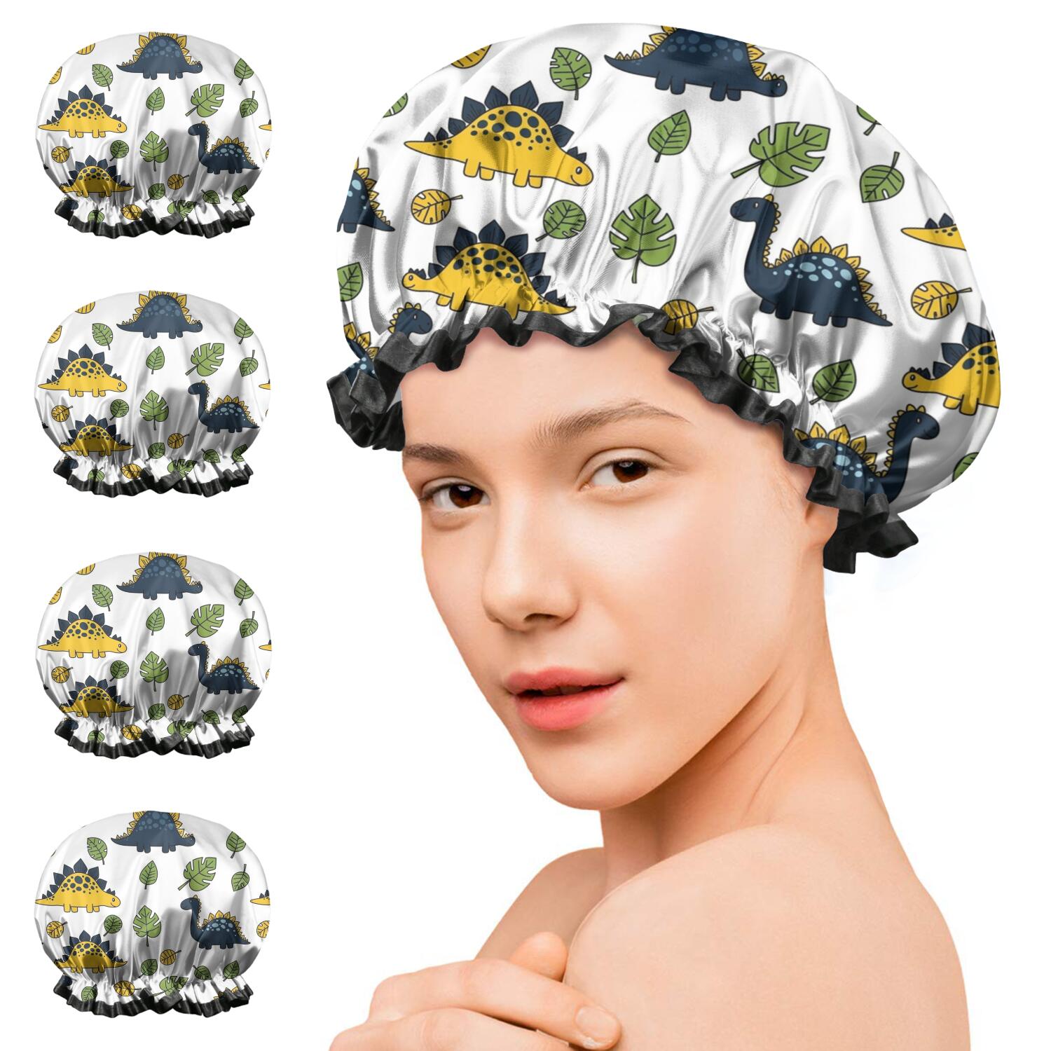 Shower Caps,White Cartoon Dinosaurs Green Yellow Leaves Pattern Waterproof Shower Cap for Women 4 Pieces,Double Reusable Hair Cover for Shower PEVA Elastic Stretch Hem