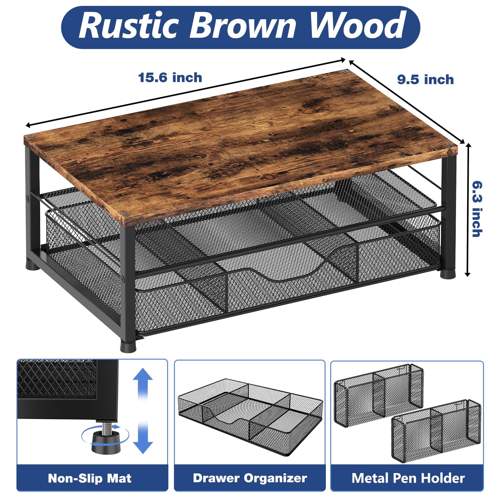 Wood Desk Organizers And Accessories  2-tier Computer Monitor Stand Riser With Drawer 2 Pen Holders Laptop Office For Supplies Brown