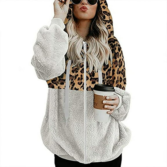 Pink Fur Jacket, Womens Casual Fleece Hoodie Jackets with Pockets Fashion Leopard Printed Color Block Coats Witer Fuzzy Zip Up Outwear Women Lightweight Jacket