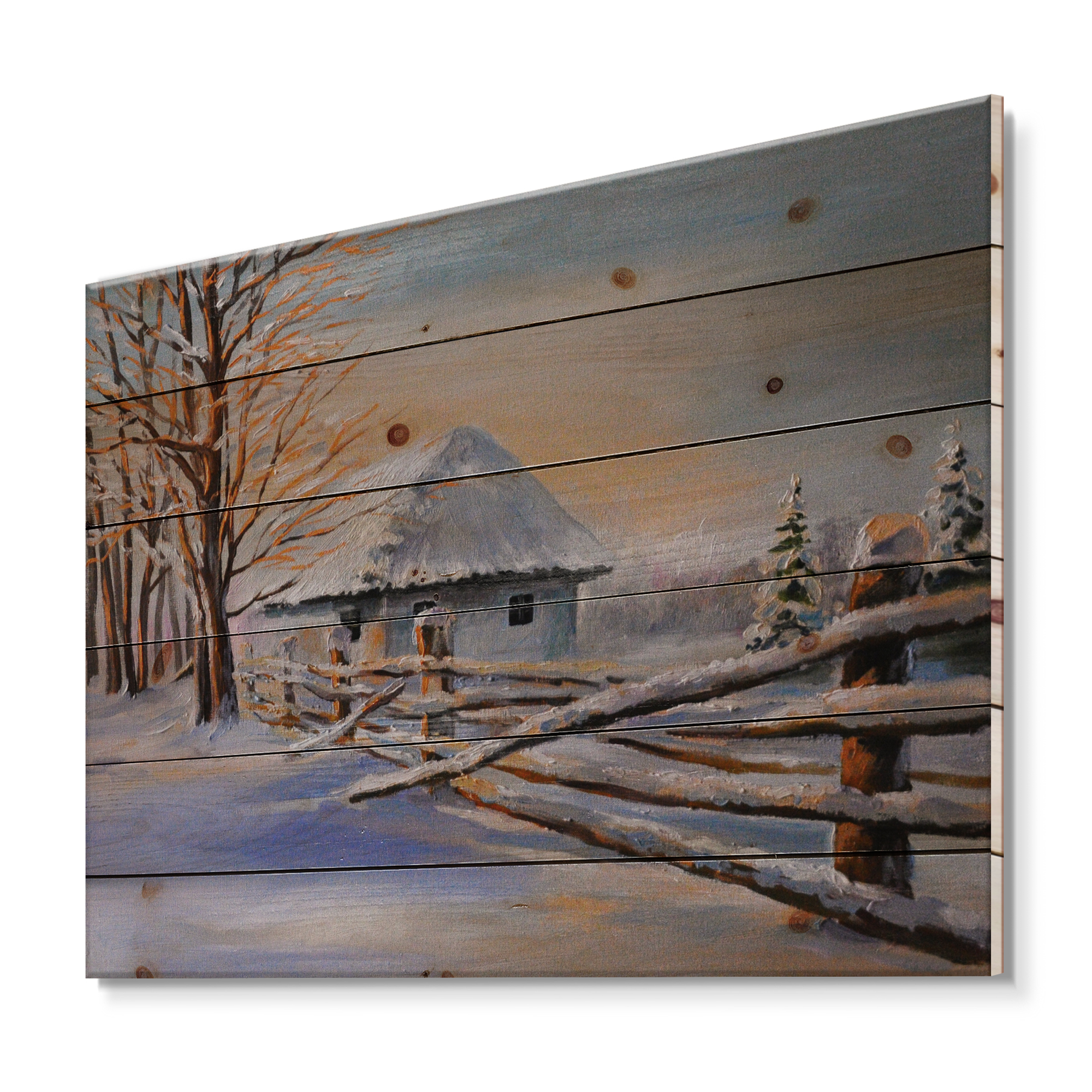 Designart 'Traditional Cottage Covered With Snow In Winter II' Traditional Print on Natural Pine Wood
